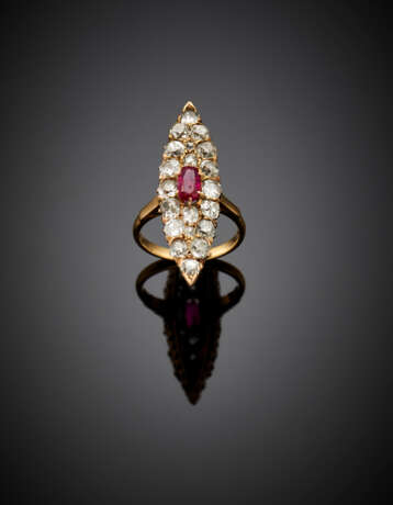 Old mine diamond and oval ruby yellow 9K gold marquise ring - фото 1