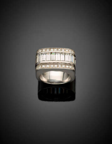 Round diamond and colorless stone baguette white gold ring - photo 1