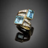 Octagonal aquamarine and baguette diamond white gold crossover ring - фото 1