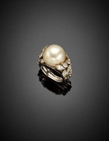 Mm 13.90 circa pearl and marquise diamond white gold ring - photo 1