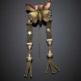 Two colour 9K and 18K gold butterfly hat pin with pendant tassels and accented with red paste and seed pearl - фото 1