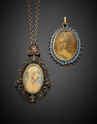 Lot comprising a silver chain and two pendants with miniatures