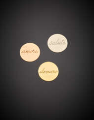 Three small yellow white and pink gold plaques inscribed "Amore