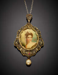 Gilt silver pendant/brooch with miniature and pearl drop accented with rubies and small pearls