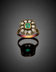 Rose cut diamond and step cut emerald silver and gold cluster ring