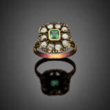 Rose cut diamond and step cut emerald silver and gold cluster ring - фото 1