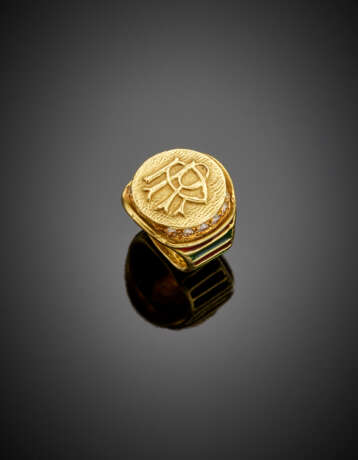 Yellow textured gold double R ring accented with colourless stones and enamels - photo 1