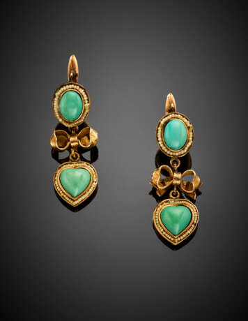 Yellow 9K gold oval and heart shape turquoise pendant earrings accented with seedpearl - фото 1