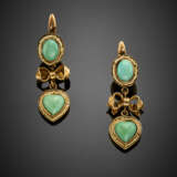 Yellow 9K gold oval and heart shape turquoise pendant earrings accented with seedpearl - фото 1
