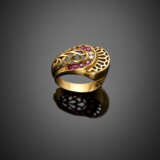 Yellow gold diamond and synthetic ruby openwork ring - photo 1