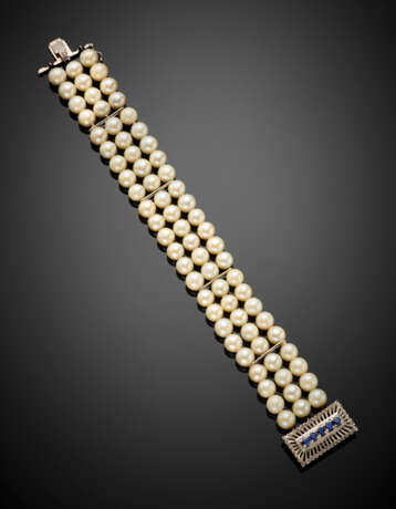 Three strand mm 6.50/7 circa cultured pearl bracelet with white gold spacers and clasp - Foto 1