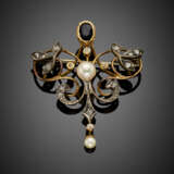 Rose cut diamond silver and gold brooch with oval sapphire and pearls - фото 1