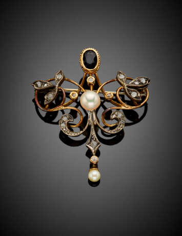 Rose cut diamond silver and gold brooch with oval sapphire and pearls - Foto 1