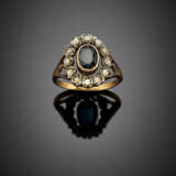 Oval sapphire and rose cut diamond silver and gold cluster ring - photo 1
