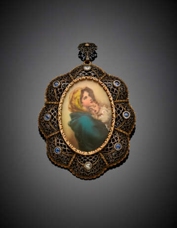 Rose cut diamond and sapphire silver and gold openwork locket/brooch - Foto 1
