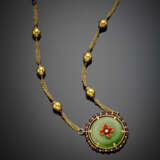 Yellow gold garnet necklace with cryptocrystalline quartz pendant accented with enamel and diamond flower - фото 1