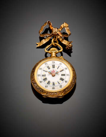 Silver gilt pocket watch with yellow gold bow brooch - фото 1