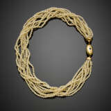 Multi-strand mm 3.40 circa cultured pearl necklace with diamond and sapphire yellow gold clasp - photo 1