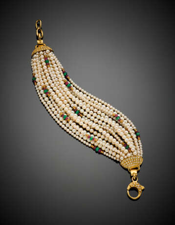 Many strand bracelet with pearls of various size spaced by gold ruby and emerald beads - фото 1