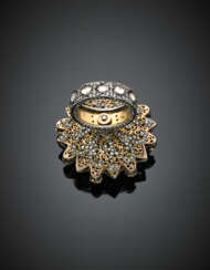 Silver and yellow 9K gold irregular cushion and pear shape table and rose cut diamond ring with round single cut diamonds