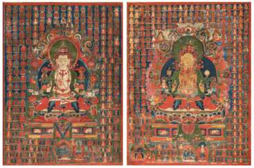 Zwei seltene Verehrungsthangkas der Bon Gottheiten Satrig Ersan und Shenla Wökar