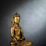 Feuervergoldete Bronze des Buddha Shakyamuni auf einem Lotos - фото 2