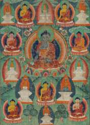 Thangka mit Darstellung der acht Buddhas der Medizin umgeben von acht Stupas