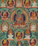Tibéto-Mongolie. Thangka mit Darstellung der acht Buddhas der Medizin umgeben von acht Stupas