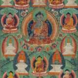 Thangka mit Darstellung der acht Buddhas der Medizin umgeben von acht Stupas - photo 1