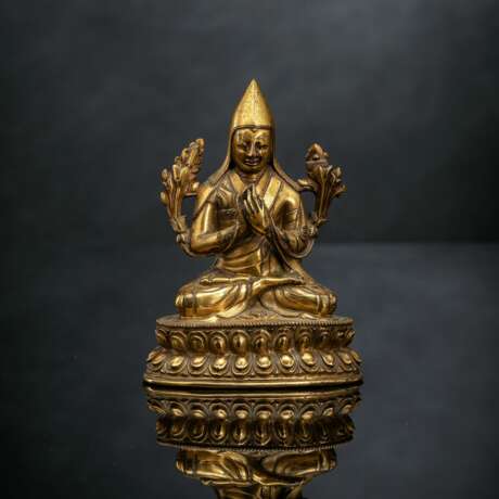 Feuervergoldete Bronze des Tsongkhaka auf einem Lotos - Foto 6