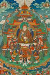 Feine Darstellung des Paradieses Zangs dog dpal-ri - das „Der Kostbare Guru“ Padmasambhava, nachdem er die Menschenwelt verlassen hatte, zu seinem Wohnort nahm