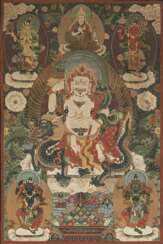 Thangka des Sita Jambhala auf dem Drachen reitend mit Seiden-Montierung