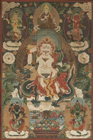 Thangka des Sita Jambhala auf dem Drachen reitend mit Seiden-Montierung - photo 1