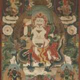 Thangka des Sita Jambhala auf dem Drachen reitend mit Seiden-Montierung - Foto 1
