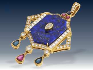 Anhänger: außergewöhnlicher und sehr dekorativer Goldschmiedeanhänger mit Farbstein- und Diamantbesatz, vermutlich UNIKAT!