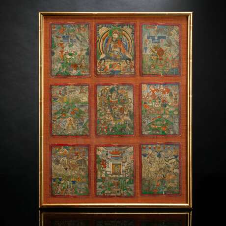 Satz von neun Malereien 'tsagli' unter Glas gerahmt, teils mit Padmasambhava - photo 1