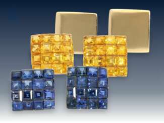 Kragenknöpfe: hochfeines Set vintage Kragenknöpfe mit blauen und gelben Saphiren, zusammen ca. 6ct, Handarbeit aus 18K Gold