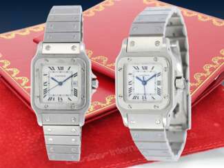 Armbanduhr: Paar vintage Armbanduhren von Cartier, Herrenuhr & Damenuhr Modell "SANTOS AUTOMATIQUE" von 1979 mit Etuis & Papieren