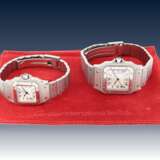 Armbanduhr: Paar vintage Armbanduhren von Cartier, Herrenuhr & Damenuhr Modell "SANTOS AUTOMATIQUE" von 1979 mit Etuis & Papieren - Foto 3