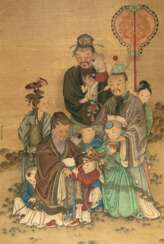 Feine Darstellung der drei daoistischen Gottheiten (sanxing) mit fünf spielenden Knaben