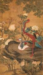 Phönix und Strauchpfingstrose unter Parasolbaum in Stil von Shen Quan (1682-ca.1760)