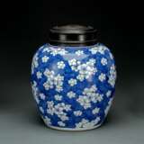 Ingwertopf mit unterglasurblauem Dekor von Pflaumenblüten und 'geborstenem Eis' mit Holzdeckel, dazu Vase mit Deckel, unterglasurblau dekoriert - фото 1