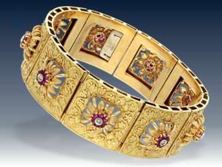 Armband: exquisites, ehemals sehr teures vintage Goldschmiedearmband mit Rubinen und Diamanten, 18K Gold