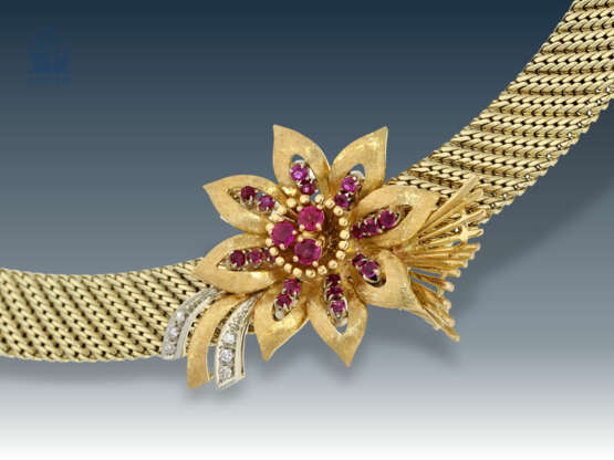 Kette/Collier: goldener, hochwertiger vintage Halsreif mit Rubinen und Diamanten, Handarbeit 60er Jahre - photo 2