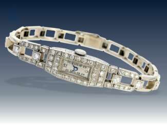 Armbanduhr: seltene, sehr dekorative Art déco Diamantuhr aus Platin/Weißgold, ca. 1,8ct Diamanten