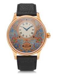 JAQUET DROZ, PETITE HEURE MINUTE, 18K PINK GOLD, ENAMEL DIAL, MADE FOR THE OPENING OF THE GRAND MOSQUE OF OMAN, GIFTED TO THE U.S. AMBASSADOR FOR RETIREMENT
