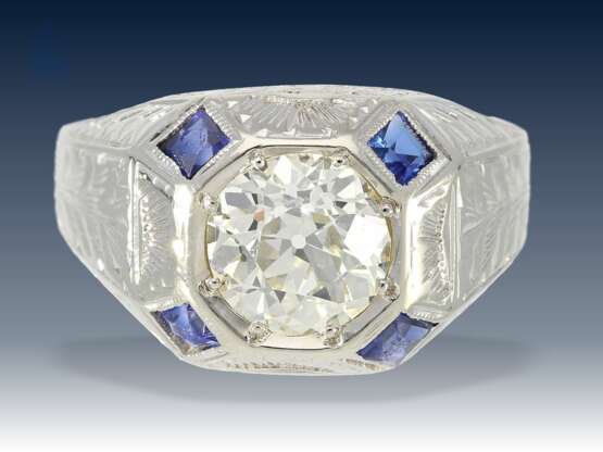 Ring: antiker, äußerst attraktiver Saphir/Diamant-Goldschmiedering, vermutlich aus der Zeit des Art déco, hochfeiner Altschliffdiamant von ca.1,75ct - Foto 2