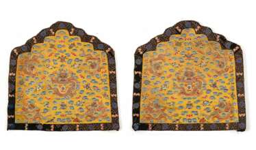Pair of imperial yellow-ground silk pillowcases with &#39;Five Dragons&#39; decor