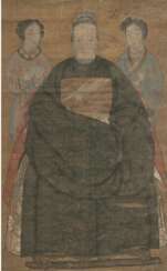 Anonymes Ahnenporträt einer Adligen mit Rangabzeichen und zwei Mädchen hinter ihr, als Hängerolle montiert