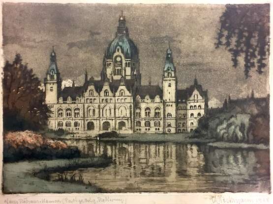 Wieckmann: "Neues Rathaus Hannover", Handkolorierte Farb-Radierung, 1928, hinter Glas im Rahmen. - Foto 1